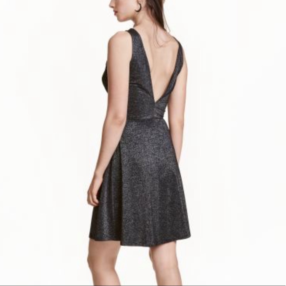 H&M Divided Glittery Deep Open V Back Skater Dress Dark Gray Size 6
